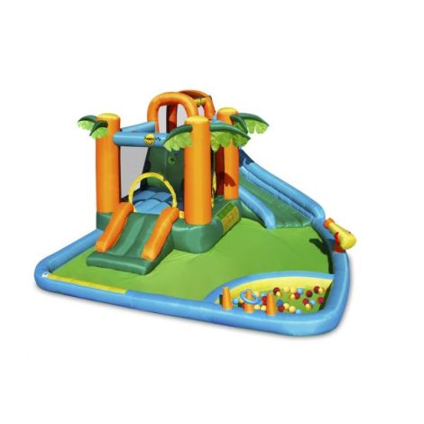 Saltea gonflabila oasis 7 in 1, cu loc de joaca cu bile, tun cu apa, spatiu de catarat, doua tobogane, 30 bile plastic inlcuse - imagine 9